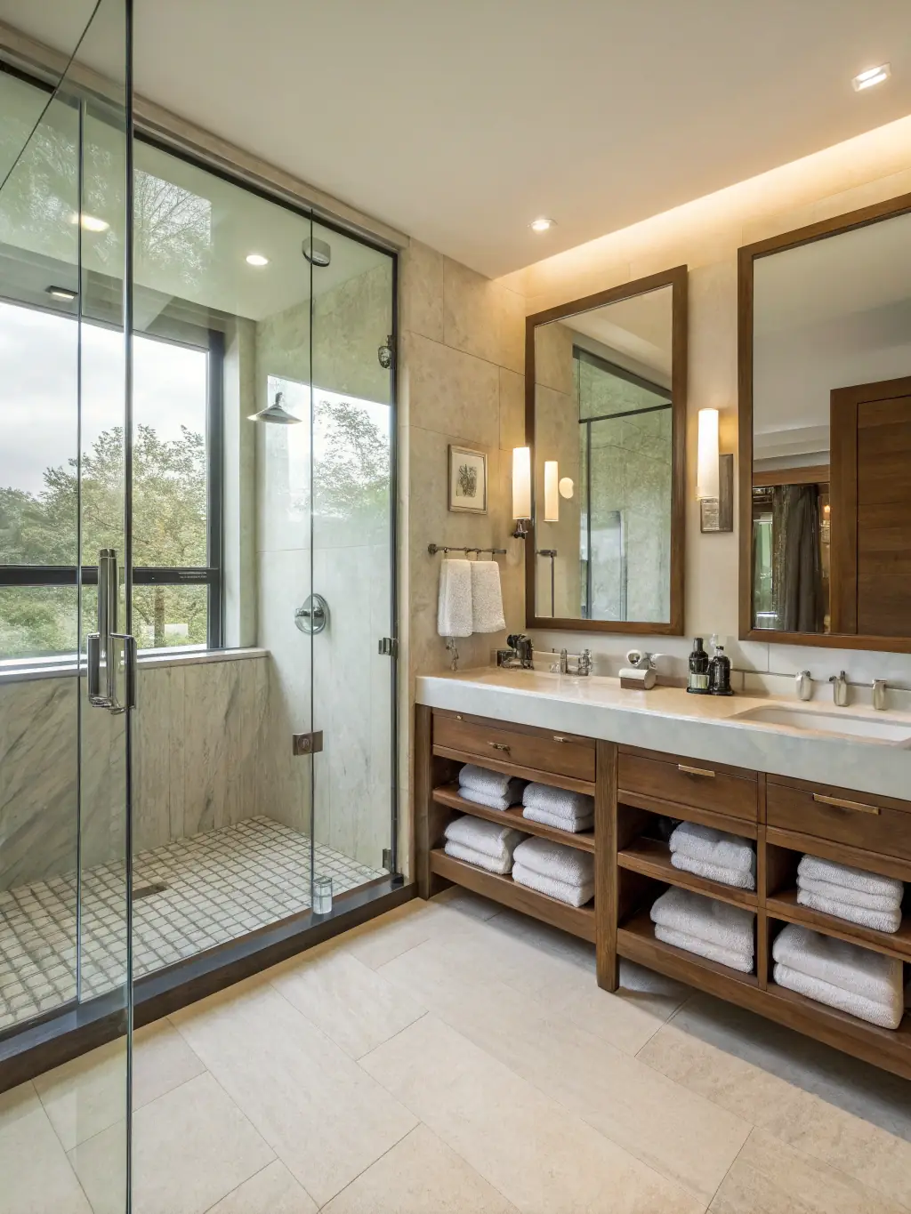 A luxurious bathroom upgrade featuring a walk-in shower, freestanding tub, and custom vanities, exemplifying Capital Renovations LLC's commitment to high-end residential projects.