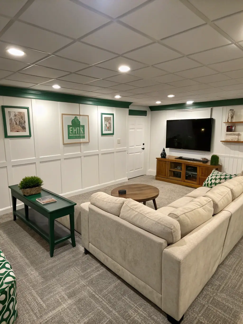 A finished basement with a home theater, bar area, and comfortable seating, showcasing Capital Renovations LLC's expertise in basement finishing and creating versatile living spaces.